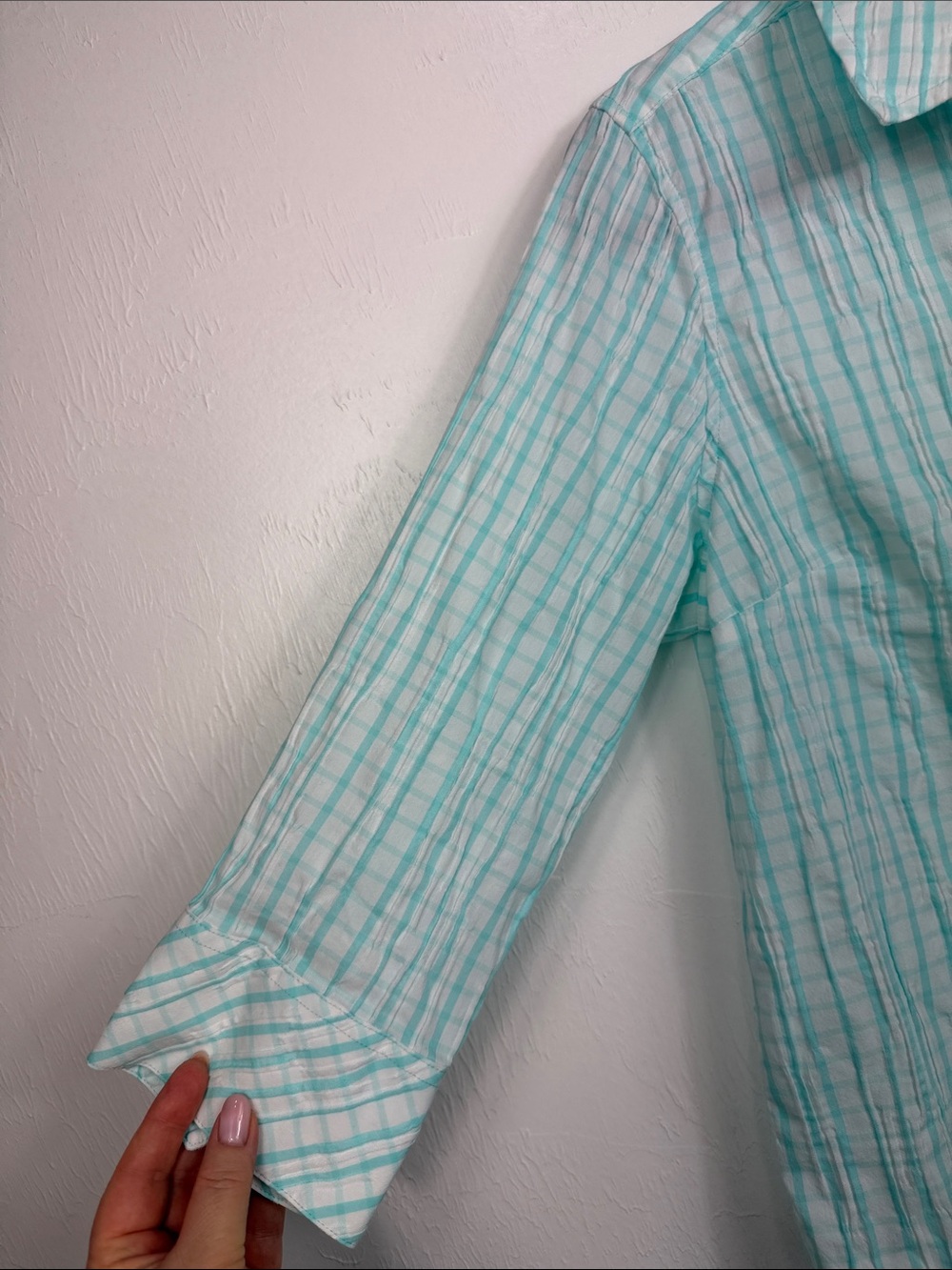 Foxcroft NYC Aqua Plaid Button Front Stretch Shirt 10P Petite 3/4 Sleeve Cotton - Picture 3 of 8